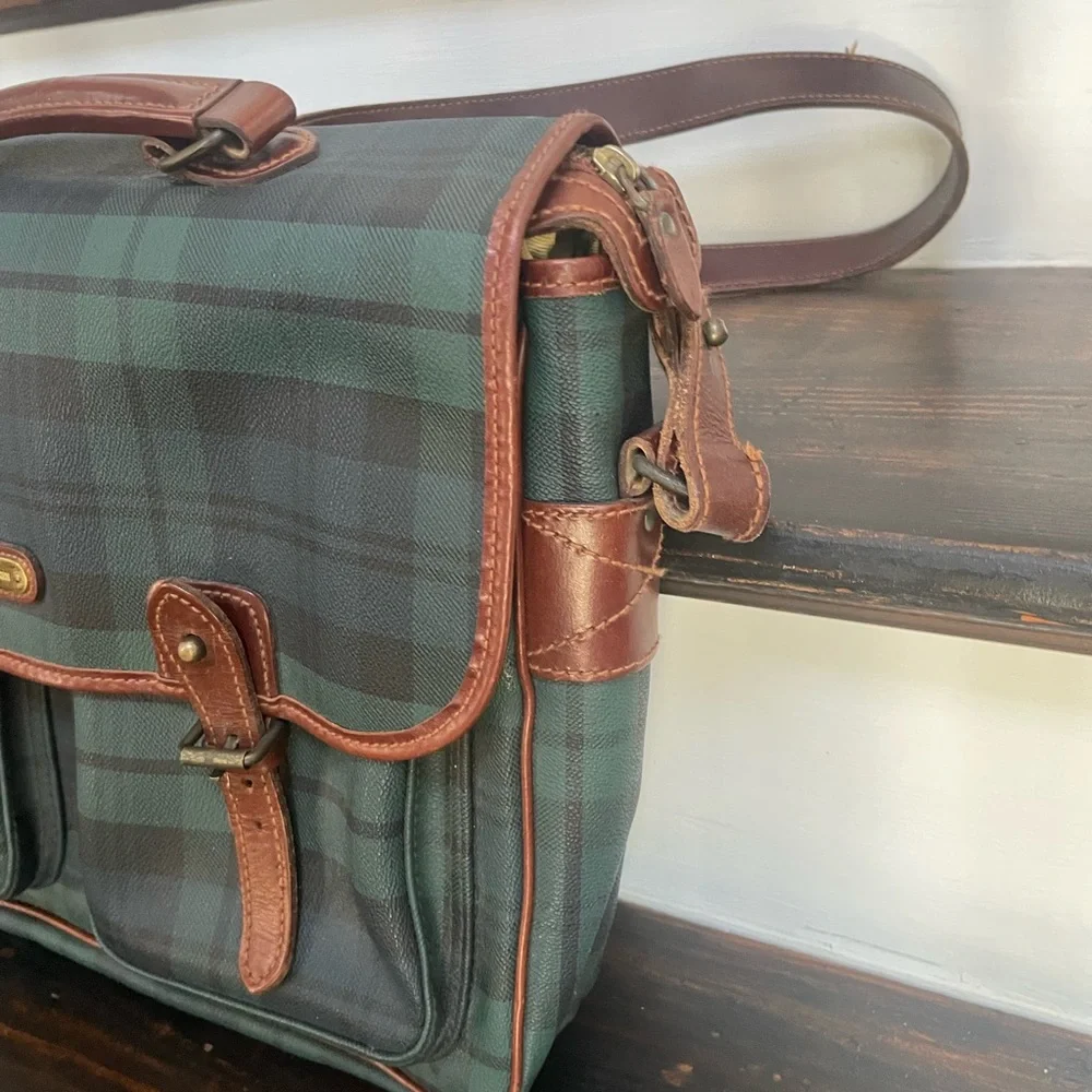 Polo by Ralph Lauren Green and Black Plaid Leather-Trim Messenger Briefcase